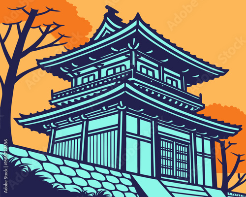 Traditional Japanese Pagoda with Autumn Trees in Vibrant Colors for Design Blogs, Cultural Websites, Architecture Articles, and Artistic Projects  