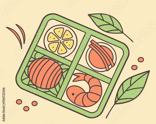 Shrimp and Salmon Bento Box with Lemon and Fresh Greens for Culinary Blogs, Nutrition Websites, Meal Prep Ideas, and Food Education Resources  