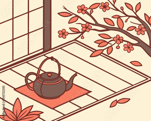 Japanese Teapot on Wooden Floor with Cherry Blossom Tree for Cultural Blogs, Wellness Websites, Relaxation Articles, and Home Decor Inspirations  
