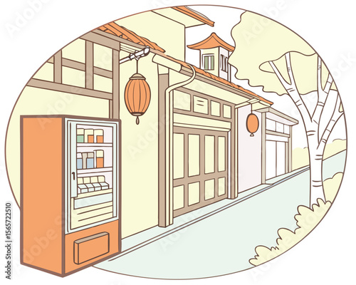 Vending Machine in Traditional Street Scene with Lanterns and Trees for Urban Design Blogs, Illustration Websites, Cultural Awareness, and Community Planning Content  
