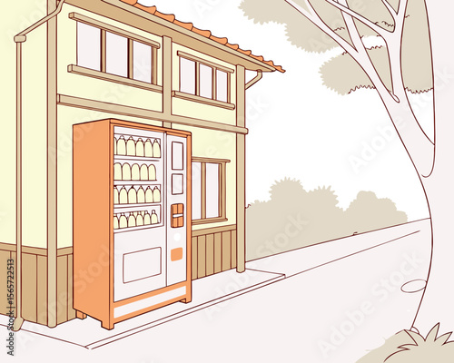Vending Machine Outside a Traditional House in a Serene Setting for Lifestyle Blogs, Urban Design Websites, Food Convenience Articles, and Illustrations on Modern Living  