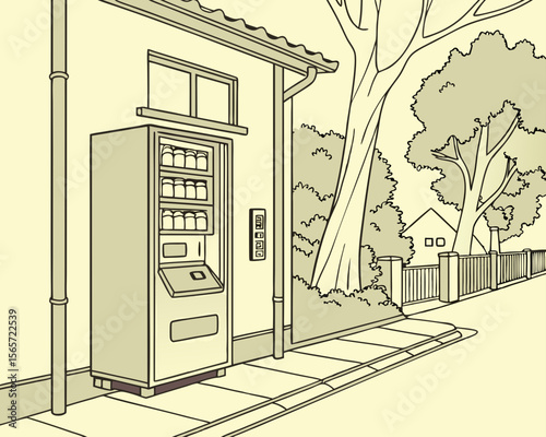 Vending Machine in Urban Setting with Trees and House for Blogs, Websites, Illustrations, Business Concepts, and Urban Lifestyle Awareness  