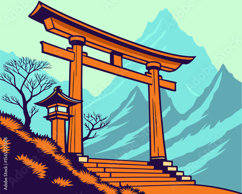 Japanese Torii Gate Surrounded by Mountains and Nature for Travel Blogs, Cultural Websites, Landscape Illustrations, and Educational Content  