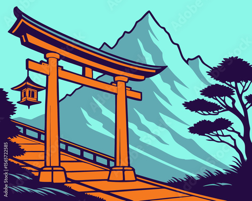 Torii Gate in Front of Majestic Mountains with Vibrant Colors for Travel Blogs, Cultural Awareness Websites, Architecture Articles, and Design Inspiration Content  