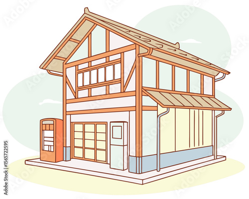 Japanese-style House Illustration with Traditional Architecture for Websites, Blogs, Decor, Architecture Education, and Cultural Awareness  