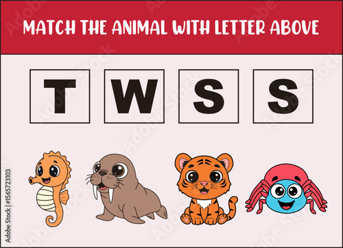 match cute seahorse, walrus, tiger, spider with the letter .