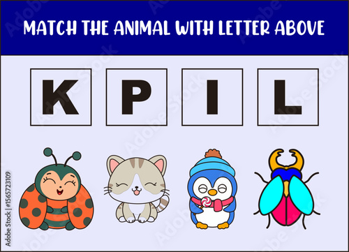 match cute  ladybug, kitten, penguin,insect  with the letter .