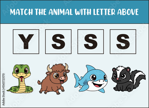 match cute snake, yak, shark, skunk with the letter .