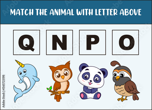 match cute narwhal, owl, panda, quail  with the letter .
