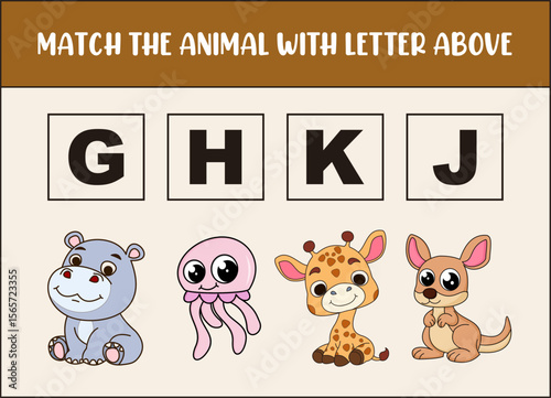 match cute hippo, jellyfish, giraffe, kangaroo with the letter .