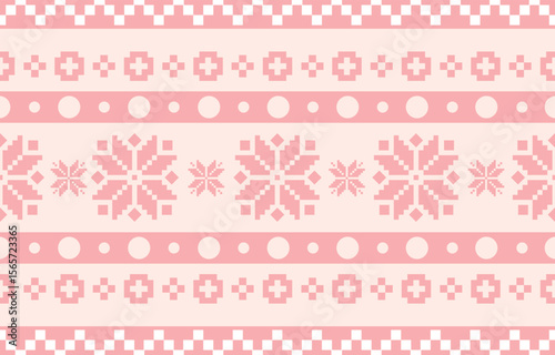Christmas and New Year green and white seamless pattern, fairytale pixel pattern in white and green with Nordic snowflakes for winter hats, ugly sweaters, jumpers. wallpaper, paper or other design