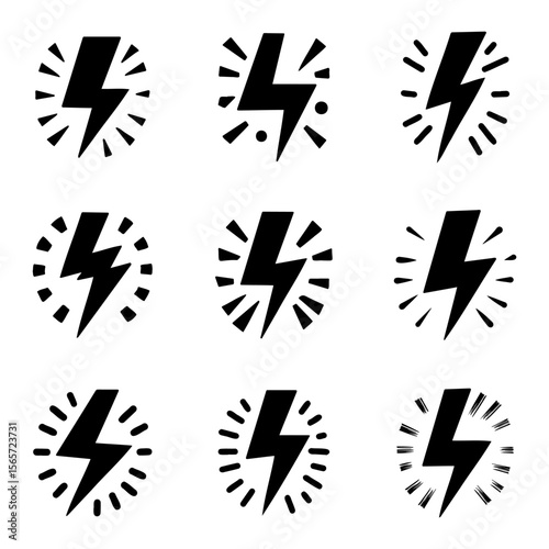 Collection of electric lightning bolt icons in various stylized designs