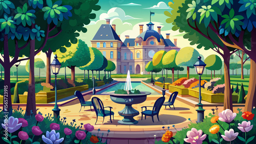 In the heart of Luxembourg Gardens in Paris, fountains bloom among seasonal flowers, and green metal chairs rest peacefully under planted trees.