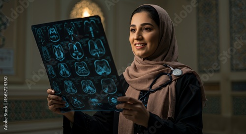 A female doctor, wearing a hijab, thoughtfully examines medical scans, showcasing expertise and cultural sensitivity in healthcare.