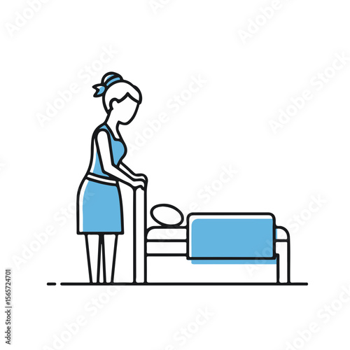 Hotel staff arranging bed linens in a guest room with blue decor  