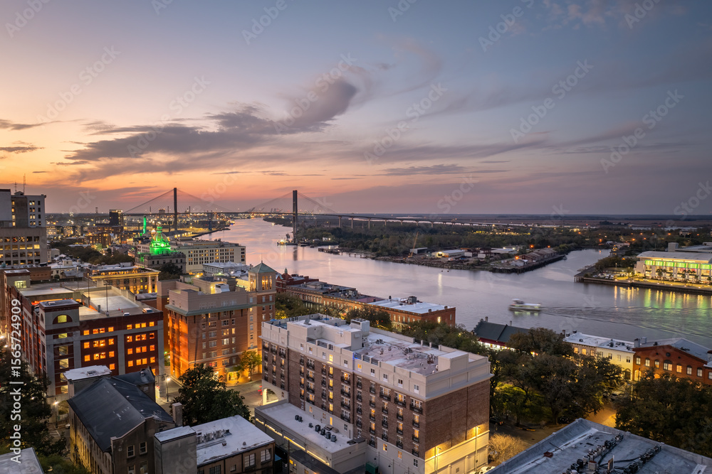 Fototapeta premium Panoramic cityscape with old historical architecture in Savannah, Georgia. Southern American architecture in evening