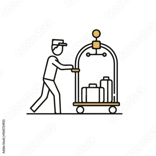 Hotel staff pushing luggage cart with suitcases in minimalist style  
