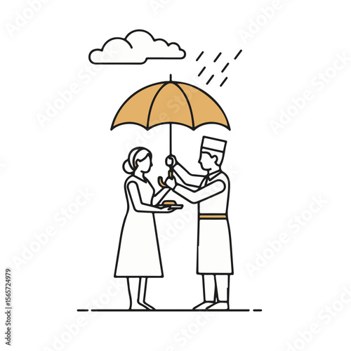Hotel staff opening umbrella for guest while serving food in rain  
