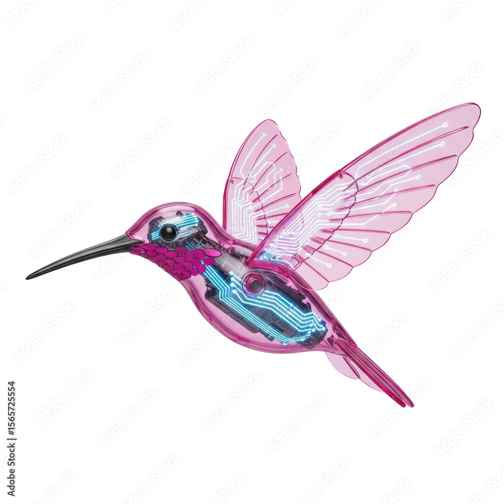 Obraz premium A futuristic pink robotic hummingbird with transparent wings and glowing blue internal circuitry. Represents technology, nature, and innovation.