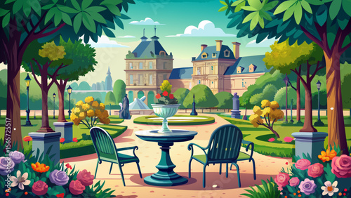 In the heart of Luxembourg Gardens in Paris, fountains bloom among seasonal flowers, and green metal chairs rest peacefully under planted trees.