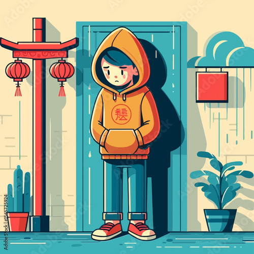 sad boy in a hoodie standing near a door with Asian-inspired decor for content related to loneliness,sadness,urban life,Asian culture,or emotional themes