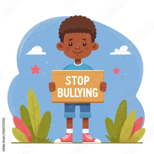 child holding a "STOP BULLYING" sign, surrounded by foliage and a blue sky for content on anti-bullying campaigns,child protection,education,or social awareness