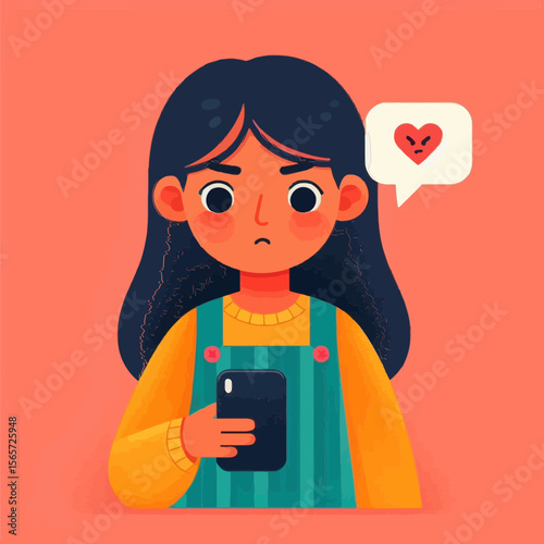 upset girl looking at her phone, with an angry heart icon in a speech bubble for content on cyberbullying,social media issues, online harassment,or digital well-being