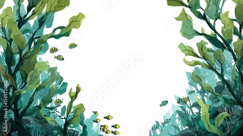 Wallpaper Mural Underwater Scene with Green Seaweed and Small Yellow Fish Against a White Background Torontodigital.ca