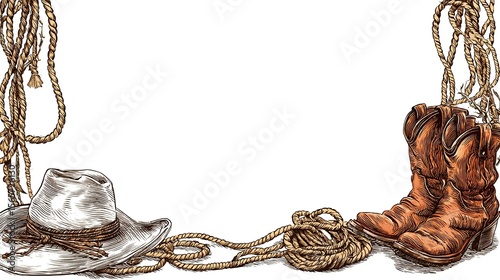 Wallpaper Mural Western hat and boots with lasso framing white copy space. Ideal for themed invitation Torontodigital.ca