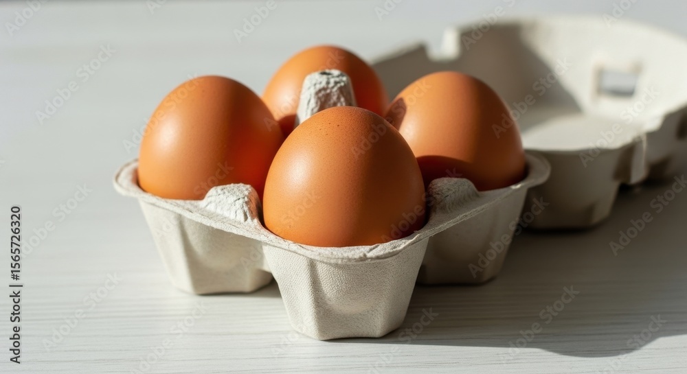 Four Brown Eggs in a Carton, Close-Up Still Life, Natural Light Four Brown Eggs in a Carton, Close-Up Still Life, Natural Light
