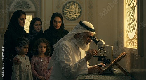 Wallpaper Mural An elderly man in traditional Middle Eastern attire uses a microscope, surrounded by his family, creating a scene of intergenerational learning and Torontodigital.ca