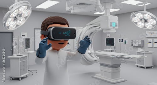 Young boy in virtual reality headset explores a futuristic operating room, immersed in a medical simulation.