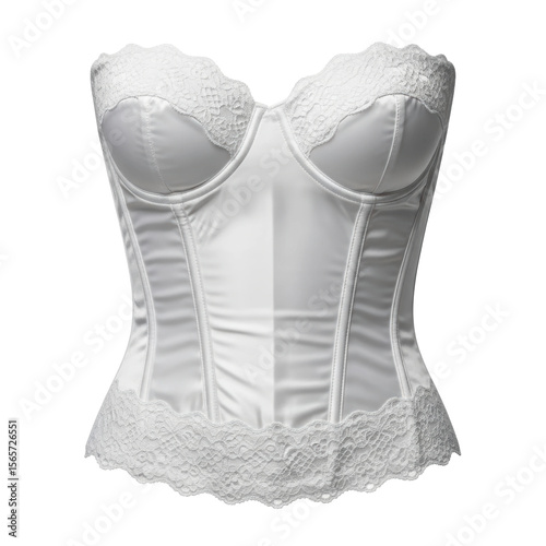 A beautiful white satin corset featuring delicate lace trim and structured boning. Ideal for bridal wear, lingerie, or elegant fashion concepts.