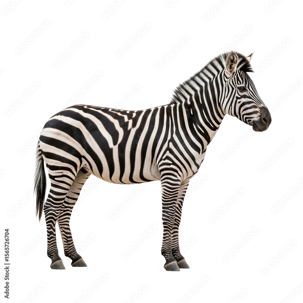 Obraz premium A magnificent zebra stands in a full body profile, highlighting its unique black and white striped pattern. Perfect for educational or design projects.