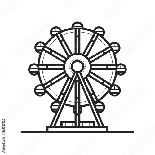 Minimalist Ferris Wheel: Black and white illustration of an iconic amusement attraction.