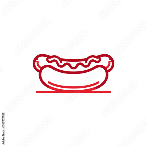 Minimalist hotdog illustration with vibrant red outlines against a white background.