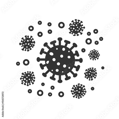 Virus icon with scattered particles in flat style
