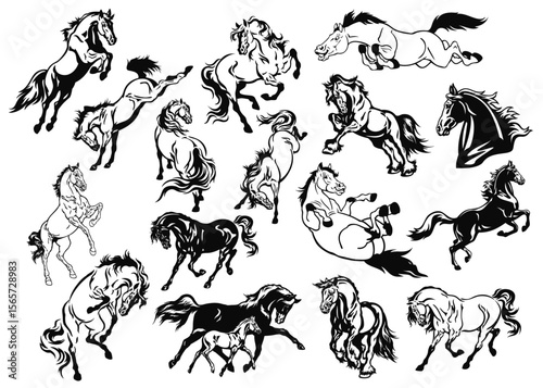 Horse Silhouettes Collection Pack:  A dynamic collection of horse silhouettes showcasing various poses and gaits, ideal for design projects and equestrian themes.