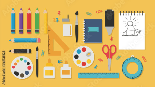 Colorful Flat Lay of Art and School Supplies on Yellow Background