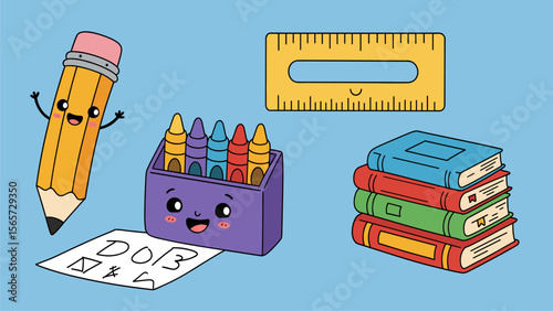 Kawaii Back to School Supplies: Pencil, Crayons, Ruler, Books