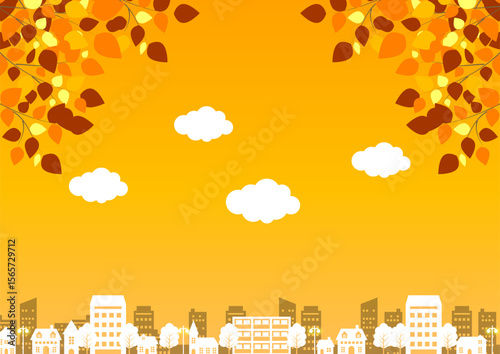 秋の黄昏時街並み背景、横、イラスト、かわいい