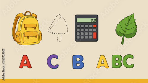 Colorful Educational Illustration: Backpack, Tree, Calculator, Leaf & ABC Letters