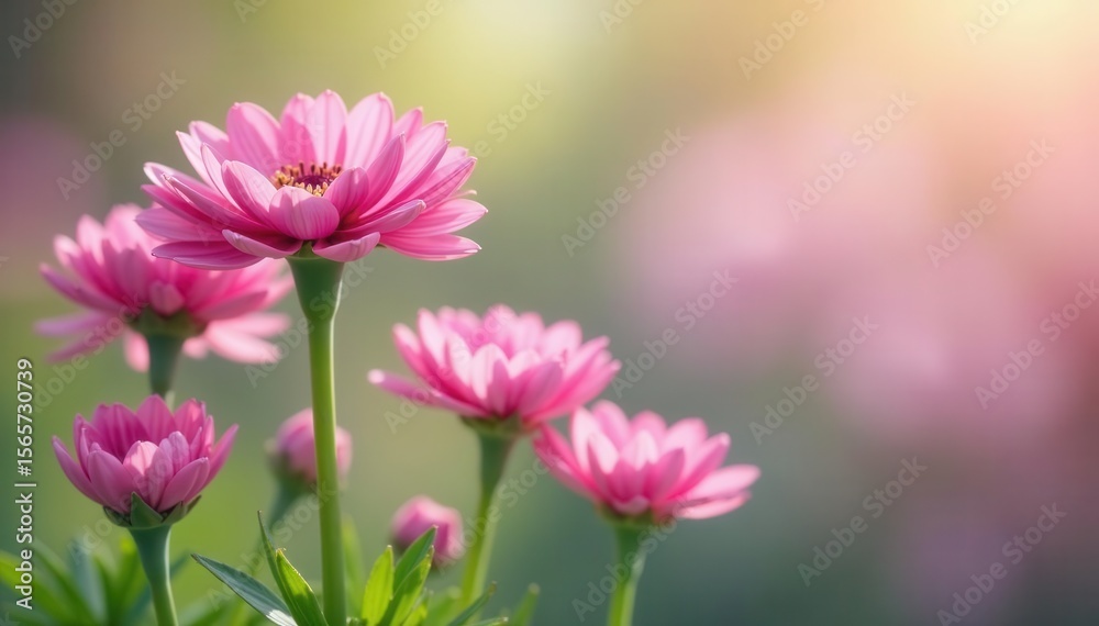 Fototapeta premium Delicate pink dianthus blooms against a soft spring backdrop , sunlight, springtime, background