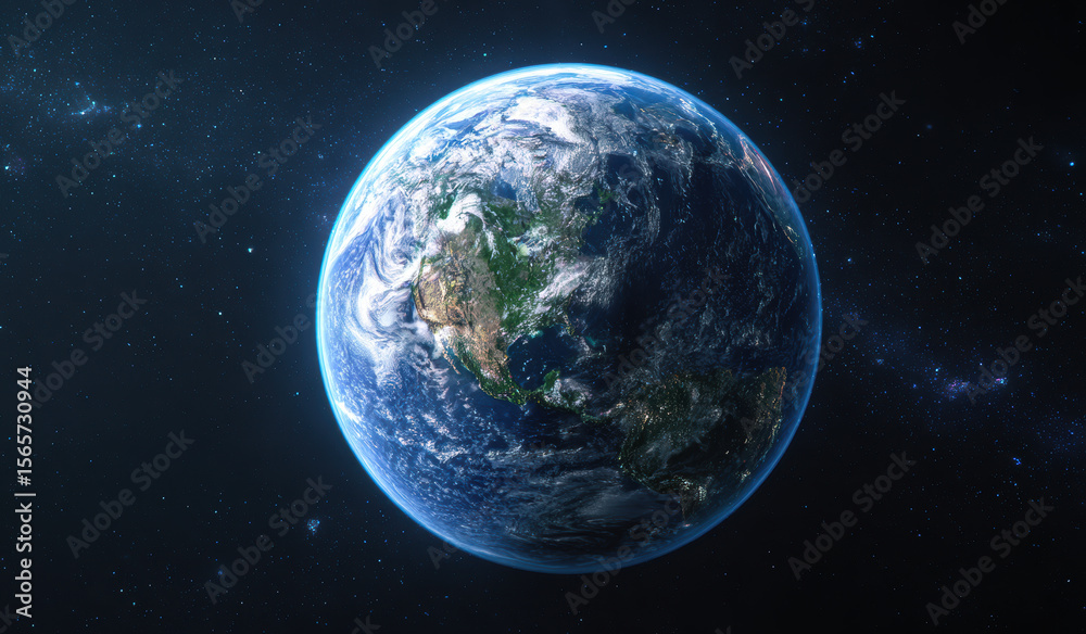 Fototapeta premium Stunning view of Earth from space, showcasing continents, oceans, and swirling clouds against starry backdrop