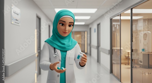 Friendly female doctor in hijab holds pills, offering healthcare in a modern hospital corridor.