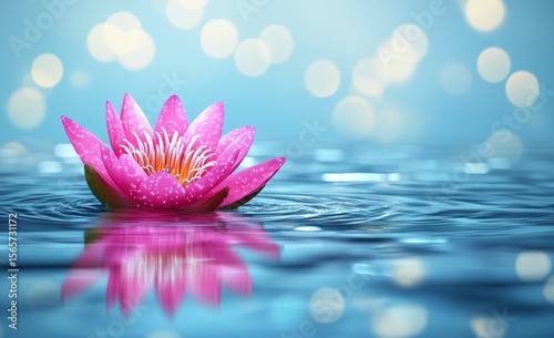 With soft lighting, a pink lotus blossom is suspended gently on the surface of the water, creating a serene atmosphere