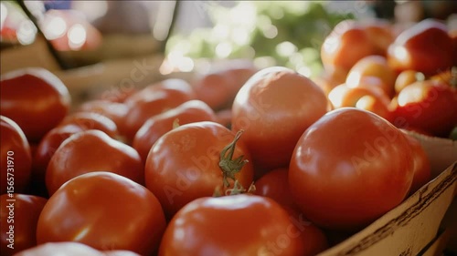 Farm fresh, vine ripe tomatoes on display for sale at a market or farm stand.