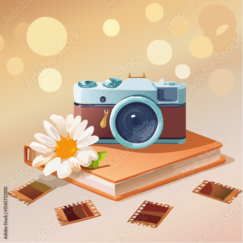 A nostalgic vector showing a vintage camera, film negatives, notebook, and daisy on a warm tabletop. Ideal for photography or storytelling visuals.