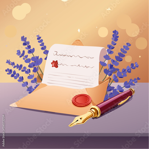 A gentle vector featuring a handwritten letter, wax seal, fountain pen, and lavender on a warm-lit tabletop. Soft and nostalgic, perfect for romance or writing themes.