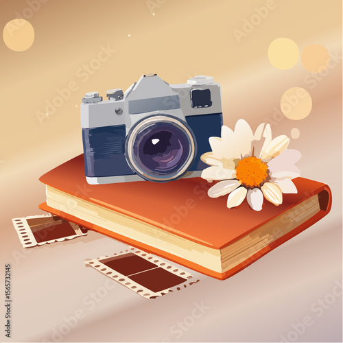 A nostalgic vector showing a vintage camera, film negatives, notebook, and daisy on a warm tabletop. Ideal for photography or storytelling visuals.